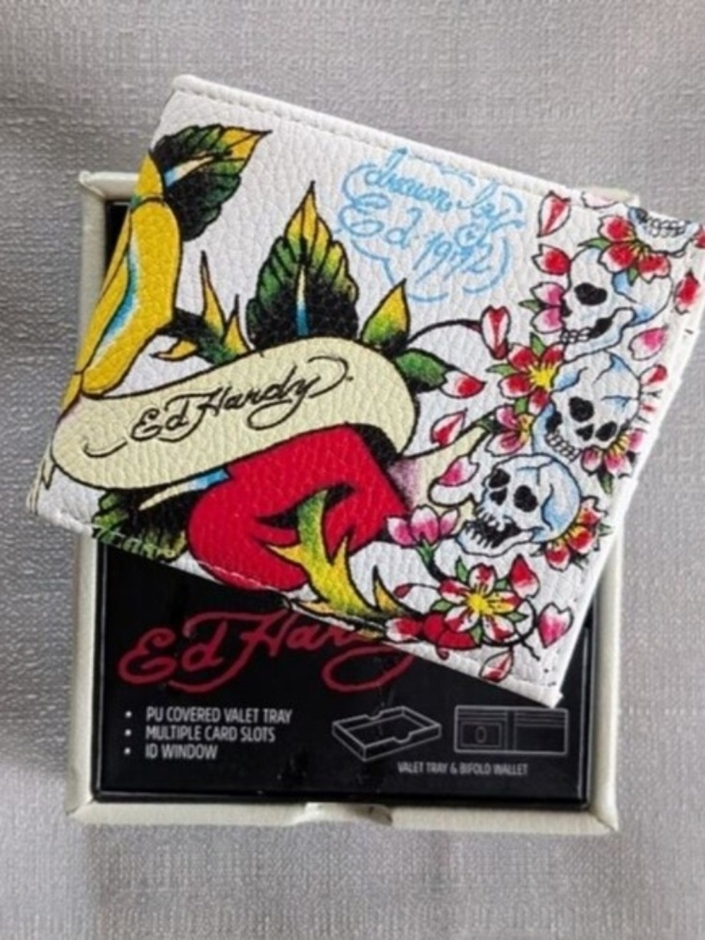 Ed Hardy Skull And Rose Tattoo Print Faux Leather Wallet New!